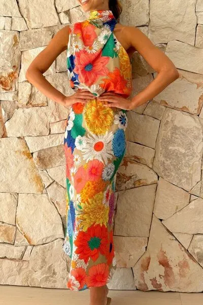 Floral Tied Back Sleeveless Midi Dress