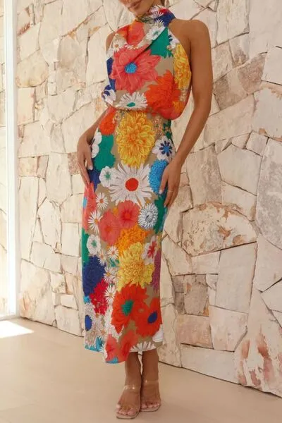 Floral Tied Back Sleeveless Midi Dress