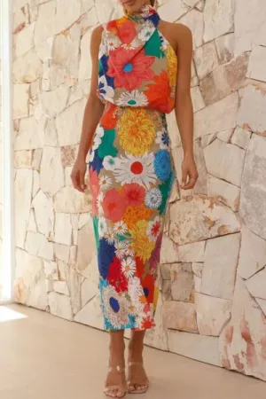 Floral Tied Back Sleeveless Midi Dress