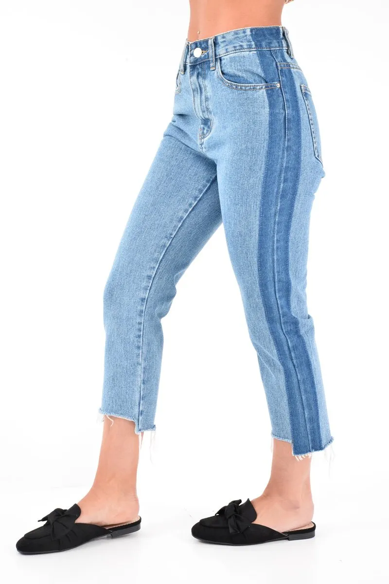 Light Wash Colour Block Fray Hem Jeans - Rhya