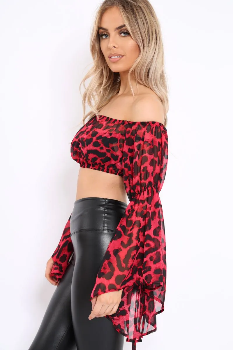 Red Leopard Print Flared Sleeves Sheer Crop Top - Jordan