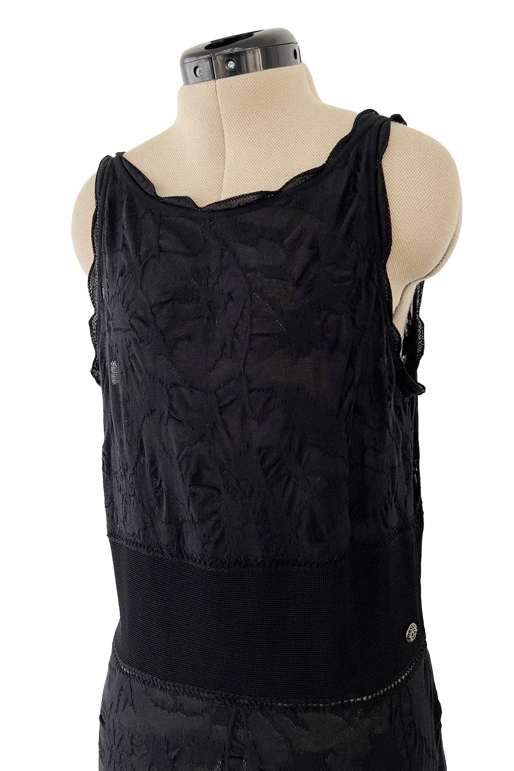 Stunning 2010s Chanel by Karl Lagerfeld Light Weight Black Floral Pattern Knit Dress w Slight Transparency