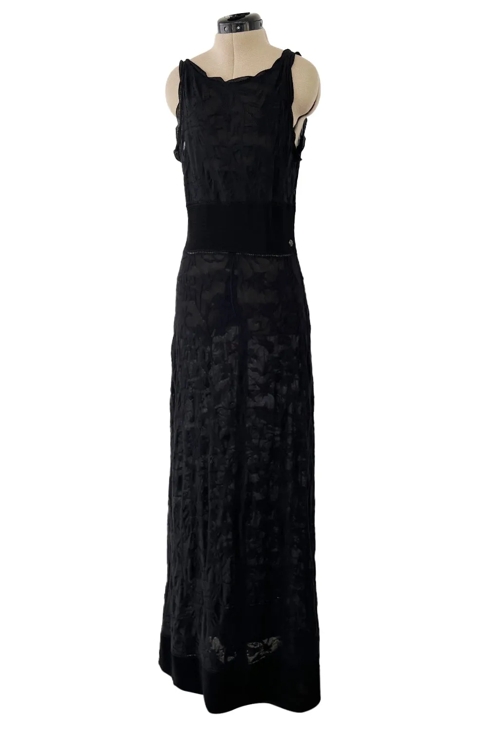 Stunning 2010s Chanel by Karl Lagerfeld Light Weight Black Floral Pattern Knit Dress w Slight Transparency