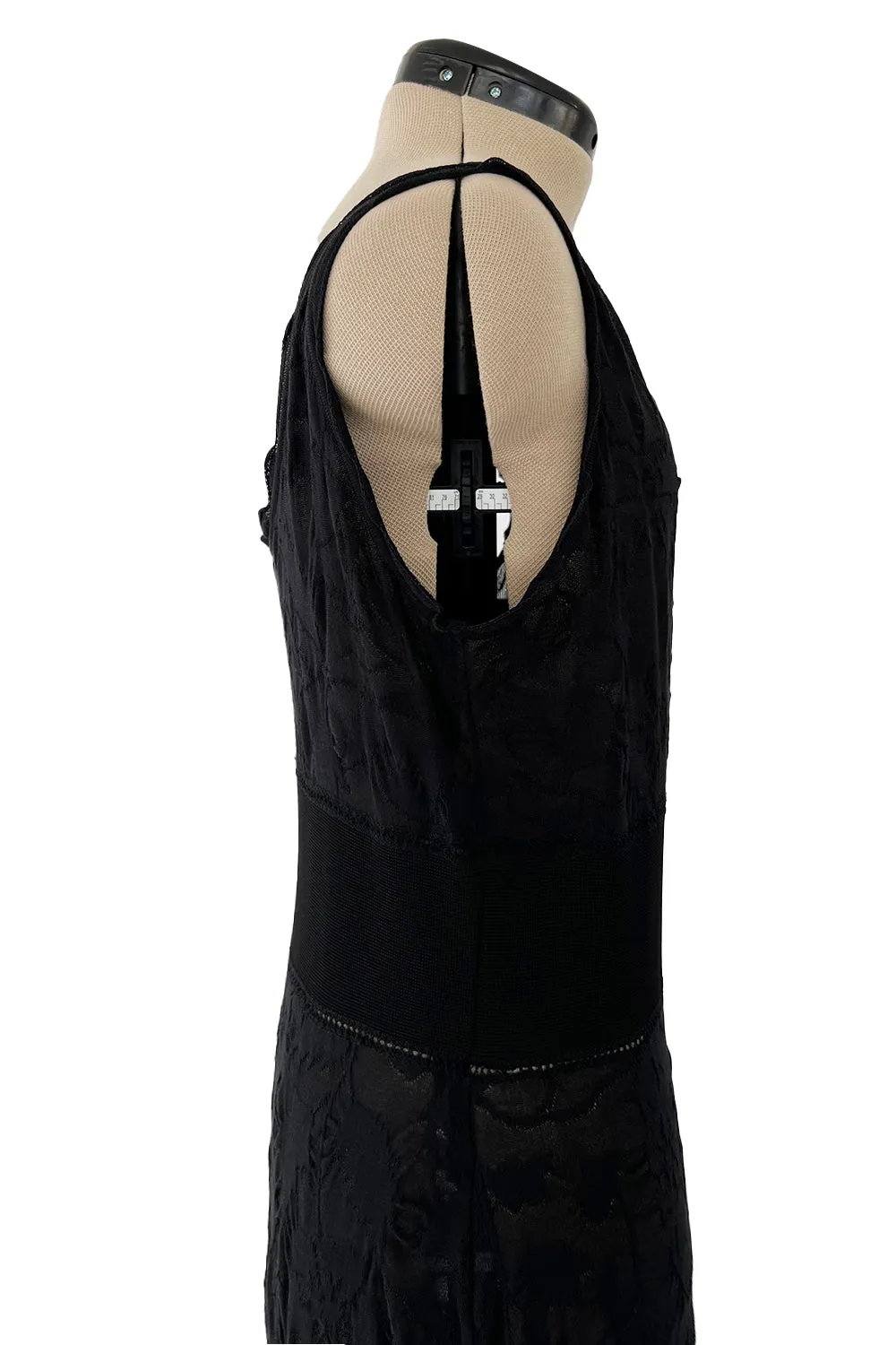 Stunning 2010s Chanel by Karl Lagerfeld Light Weight Black Floral Pattern Knit Dress w Slight Transparency