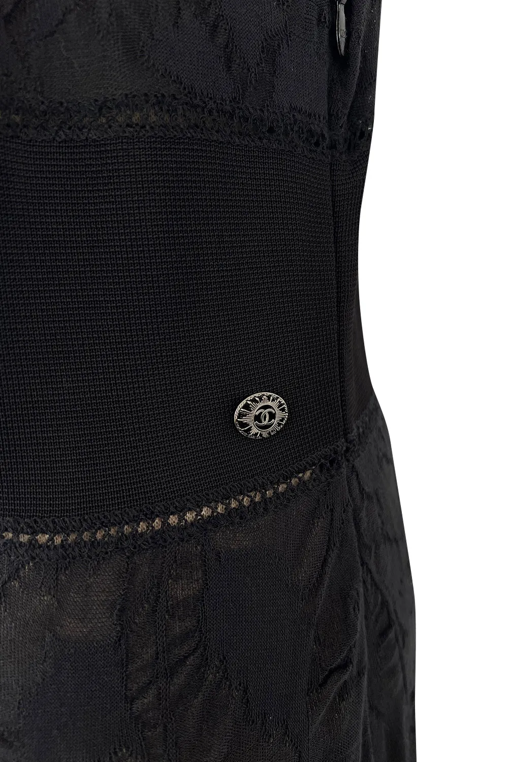 Stunning 2010s Chanel by Karl Lagerfeld Light Weight Black Floral Pattern Knit Dress w Slight Transparency