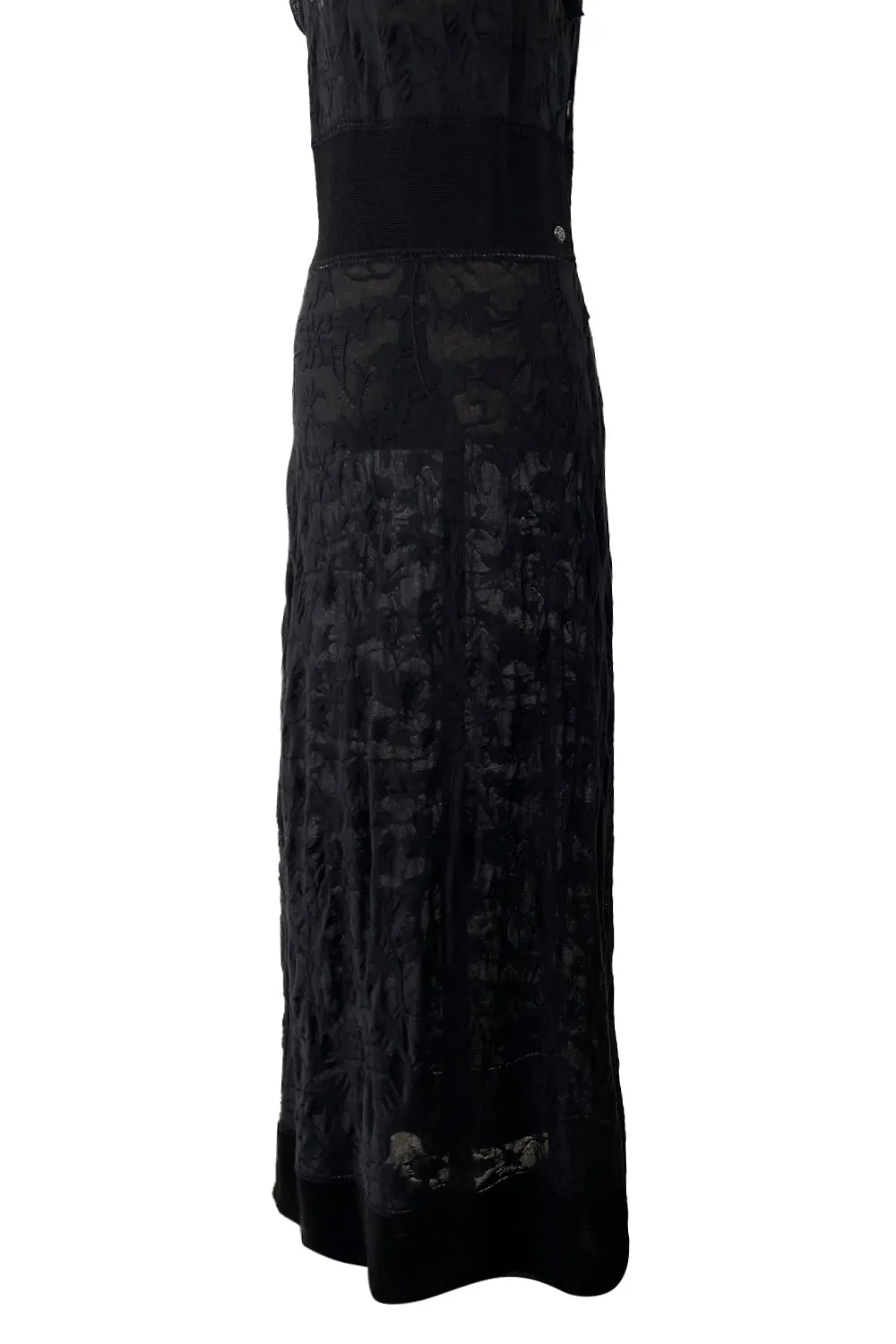 Stunning 2010s Chanel by Karl Lagerfeld Light Weight Black Floral Pattern Knit Dress w Slight Transparency