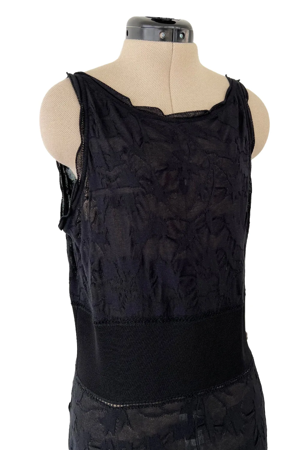 Stunning 2010s Chanel by Karl Lagerfeld Light Weight Black Floral Pattern Knit Dress w Slight Transparency