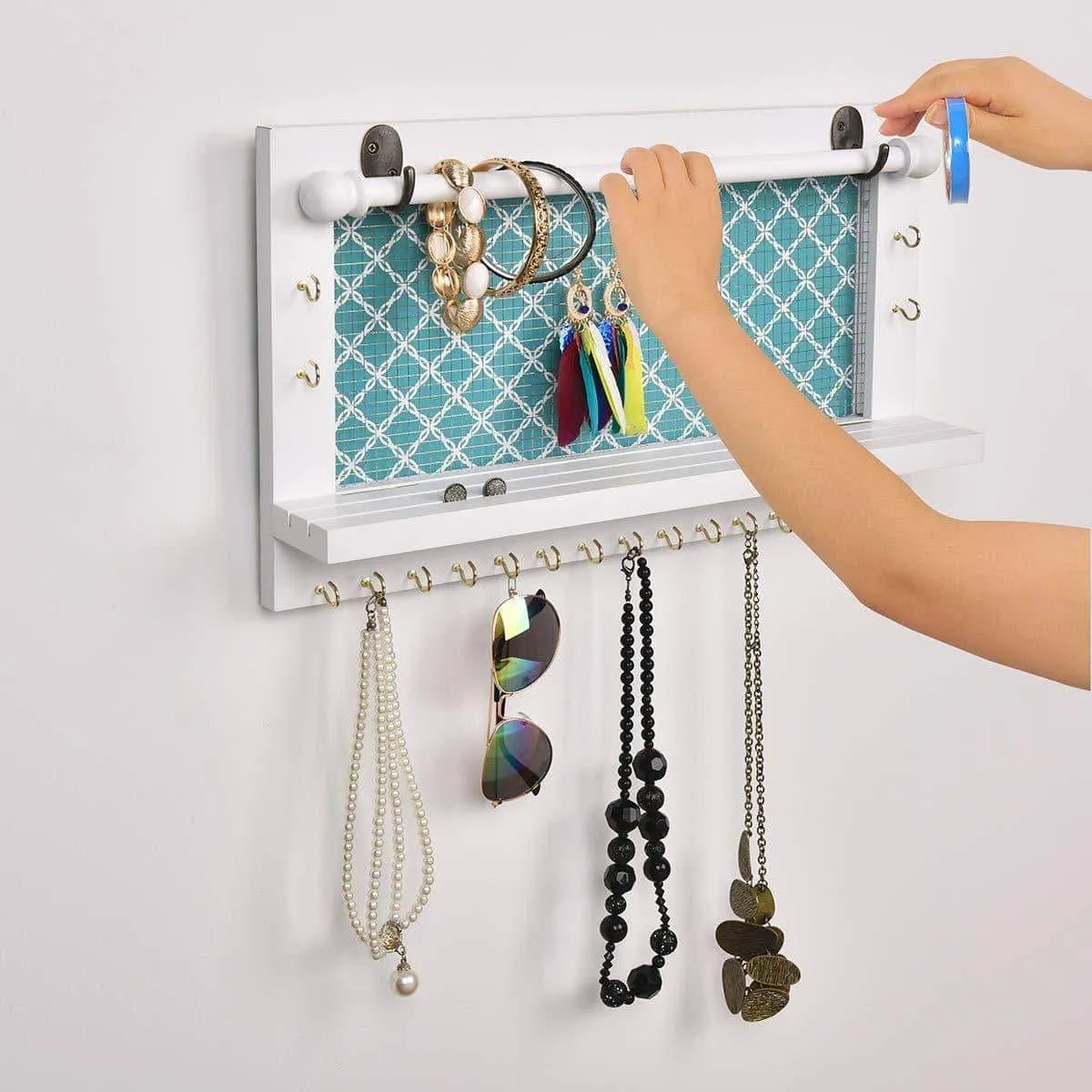 Viefin White Wall-Mounted Mesh Jewelry Organizer, Wooden Earring Bracelet Holder with Shelf, Hanging Hooks for Necklace, Chic Wall Decor(White,Improved)