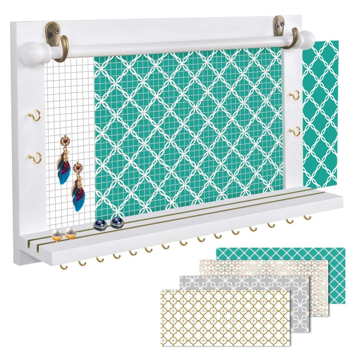 Viefin White Wall-Mounted Mesh Jewelry Organizer, Wooden Earring Bracelet Holder with Shelf, Hanging Hooks for Necklace, Chic Wall Decor(White,Improved)