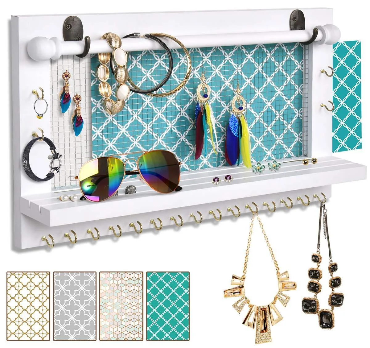 Viefin White Wall-Mounted Mesh Jewelry Organizer, Wooden Earring Bracelet Holder with Shelf, Hanging Hooks for Necklace, Chic Wall Decor(White,Improved)