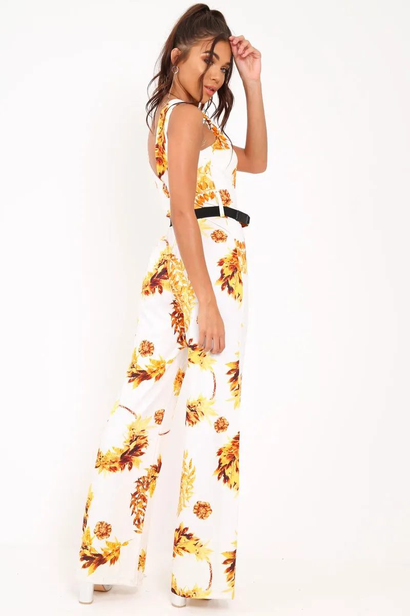 White Leaf Print Twist Front Belted Jumpsuit - Rainn