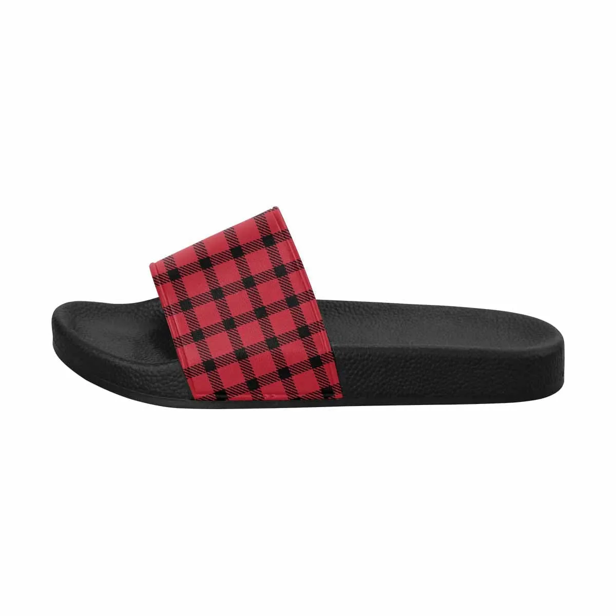 Womens Slide Sandals - Buffalo Plaid Red and Black