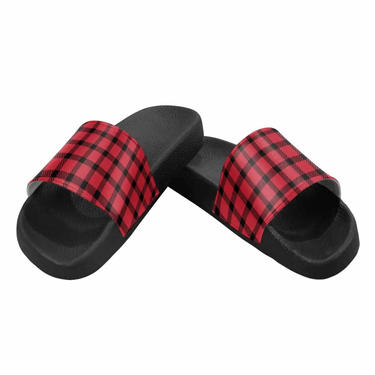 Womens Slide Sandals - Buffalo Plaid Red and Black